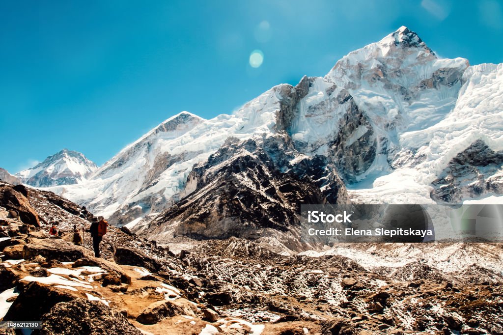 Epic Khumbu Glacier on the way to Everest Base Camp in Himalaya mountains. Epic Khumbu Glacier on the way to Everest Base Camp in Himalaya mountains. EBS Trekking Route. Adventure Stock Photo