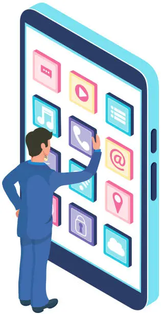 Vector illustration of Man interacts with mobile phone digital device presses app button on smartphone, phone service app
