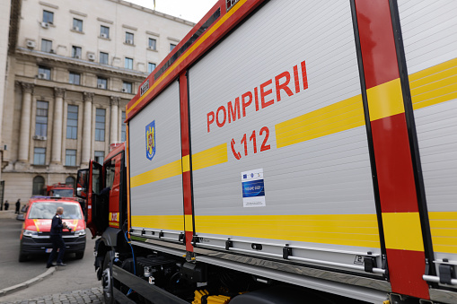 Bucharest, Romania - April 28, 2023: Romanian firefighter engine during a public presentation of the truck.