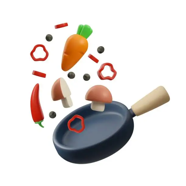 Vector illustration of Realistic frying pan with falling food ingredients 3D style, vector illustration