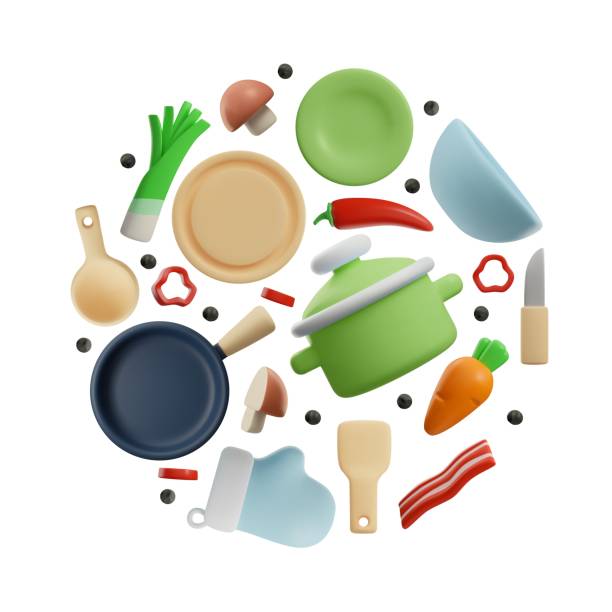 Kitchenware and cookware in 3D style, vector illustration isolated on white background. Kitchenware and cookware in 3D style, vector illustration isolated on white background. Cute kitchen utensils for food preparation. Frying pan, cooking pot, bowl and plates. cutlery cartoons stock illustrations