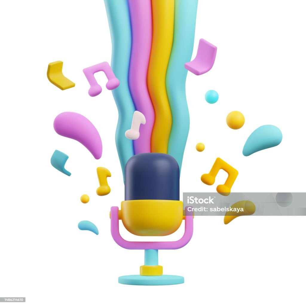 Flying Microphone Colorful Microphone With Flying Music Notes And Rainbow In Cute 3d ...