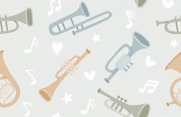 Vector illustration of trumpet seamless pattern.
