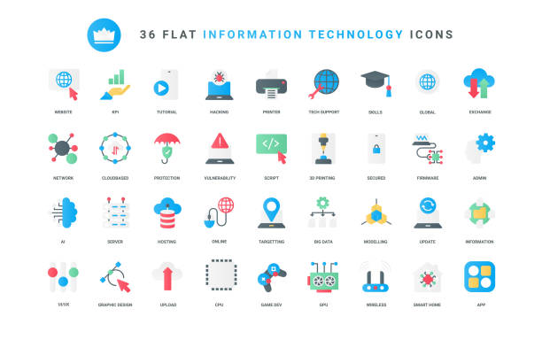 illustrations, cliparts, dessins animés et icônes de technologie des données, jeu d’icônes plates à la mode, protection numérique et réseau - cloud three dimensional symbol technology