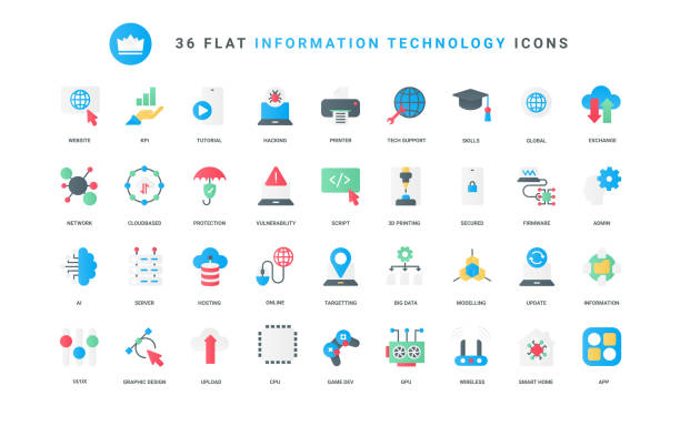 technologia danych, modne płaskie ikony informacyjne, cyfrowa ochrona i sieć - cloud three dimensional symbol technology stock illustrations