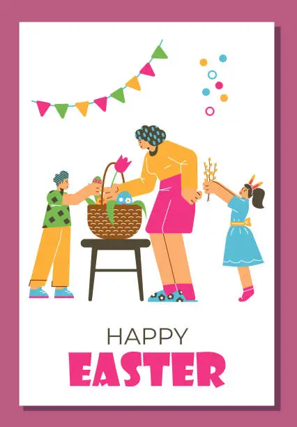Vector illustration of Happy Easter greeting card, mother and kids arranging basket with decorated eggs and flowers, flat vector illustration.