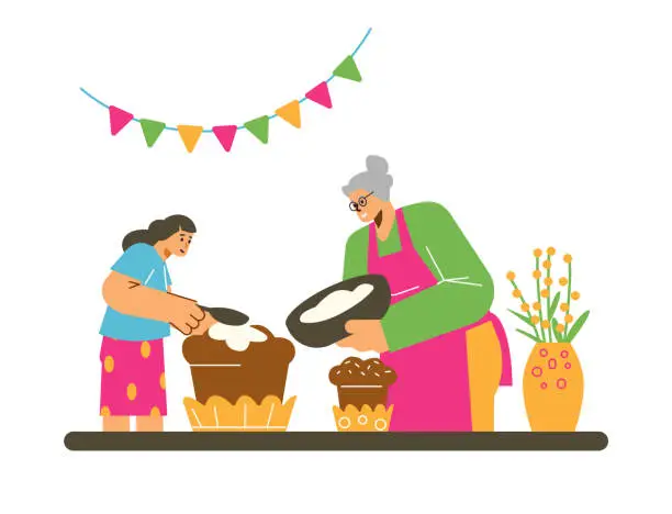 Vector illustration of Little girl cooking Easter cake together with granny, flat vector illustration isolated on white background.