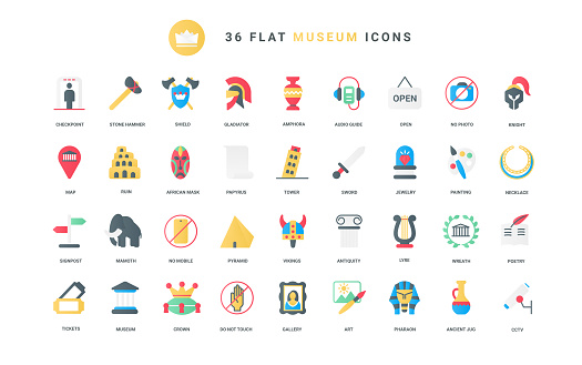 Art gallery exhibition and ancient architecture symbols, warning signs, surveillance and tickets, headphones for audio guide, signpost pictogram. Museum trendy flat icons set vector illustration