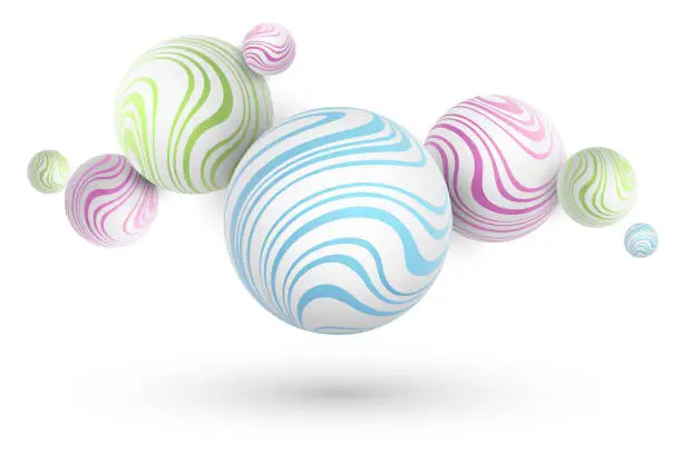 Vector illustration of Stylish dynamic 3d bubbles with colorful wavy striped pattern. Levitating spheres on white background. Graphic elements for your peoject. Vector illustration