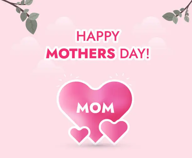 Vector illustration of 14th May Happy Mothers Day. Mother's Day. Happy mother's day 2023 post with three hearts. Mom with her children. Design template for social media. Vertical Mothers Wish in pink color vector. ESP10 format