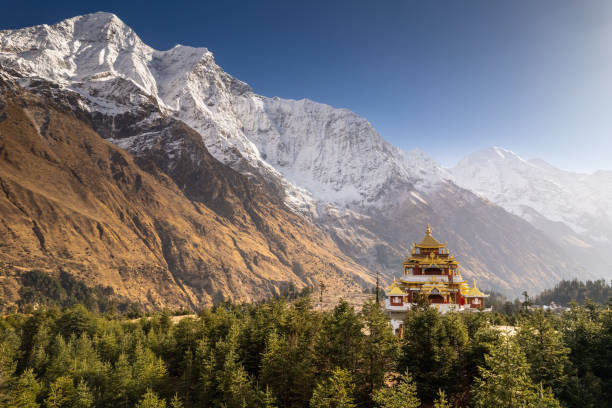 Buddhist Prayer Pagoda in the mountains of Nepal stock photo