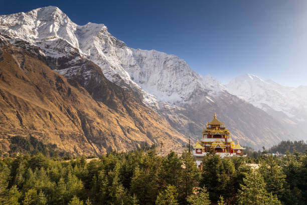 buddhist prayer pagoda in the mountains of nepal - kathmandu imagens e fotografias de stock