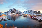 Panorama view of morning sun on fishing villages on the Lofoten Islands, Northern Norway.