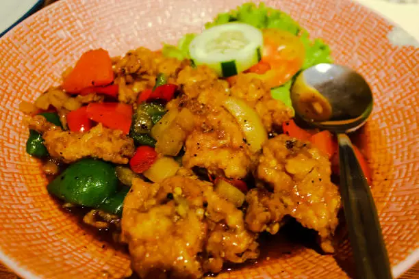 Fried chicken with blackpepper sauce is perfect for breakfast at home