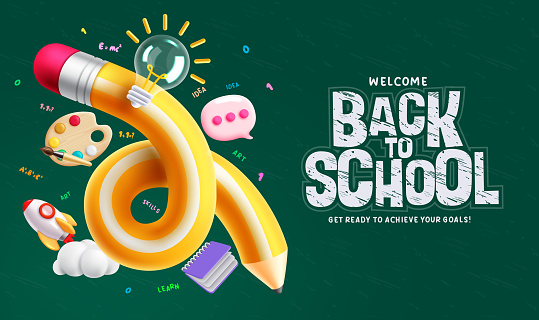 Back to school vector concept design. Back to school greeting text with curve pencil and educational elements. Vector illustration in chalkboard background.