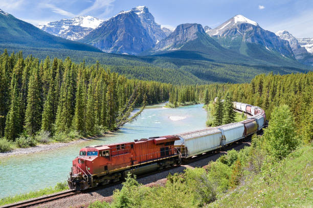 treno merci che si muove lungo il fiume bow nelle montagne rocciose canadesi, alberta, canada - freight train foto e immagini stock