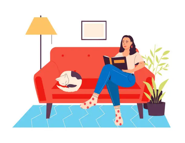 Vector illustration of Woman read books sitting on sofa with cat