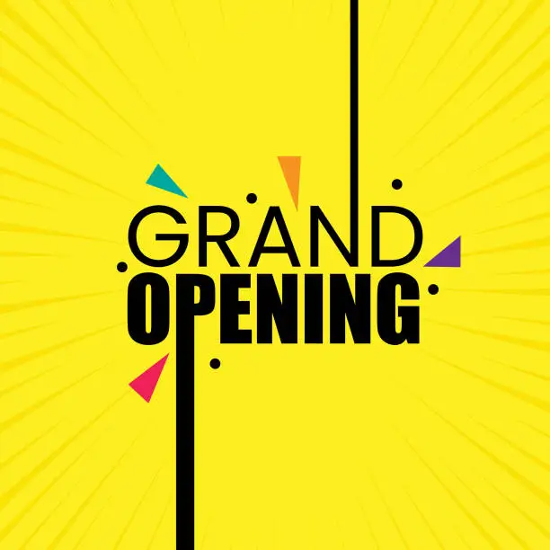 Vector illustration of Grand opening banner design with celebration elements on yellow background. Opening soon typography poster design. Grand opening template design for business sale.