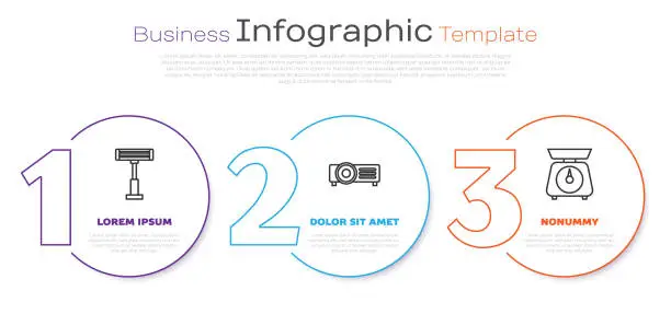 Vector illustration of Set line Electric heater , Presentation, movie, film, media projector and Scales . Business infographic template. Vector