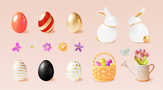 3d Happy Easter Concept Plasticine Cartoon Style Include of Painted Egg, Rabbit and Basket . Vector illustration