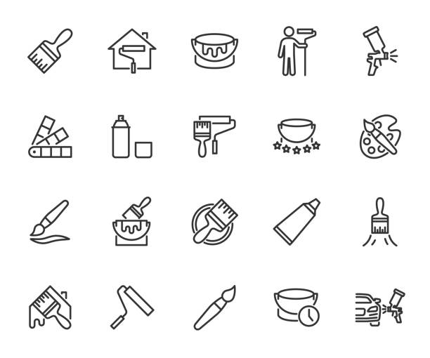 vektorová sada ikon čár barvy. obsahuje ikony štětec, malíř, malování domu, sprej, plechovka, barevná paleta, malířský váleček a další. pixel perfektní. - malířský váleček stock ilustrace