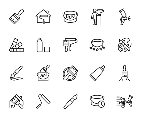 istock Vector set of paint line icons. Contains icons paint brush, painter, house painting, spray can, paint can, color palette, paint roller and more. Pixel perfect. 1486227097