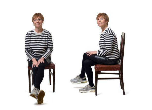 Group of same woman on white background front and side view of same woman sitting on chair with squirt on white background woman sitting cross legged in chair stock pictures, royalty-free photos & images
