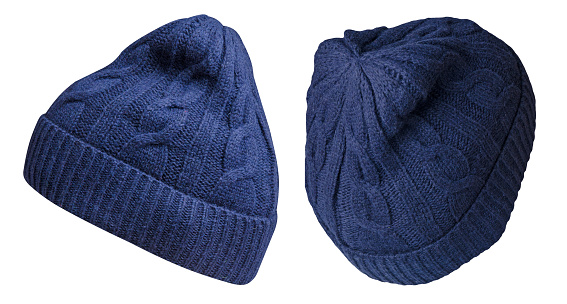 two dark blue hats isolated on white background .knitted hat sde view.