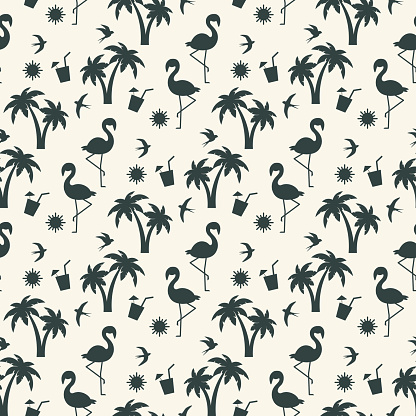 seamless patern with silhouettes of flamingo and palm tree