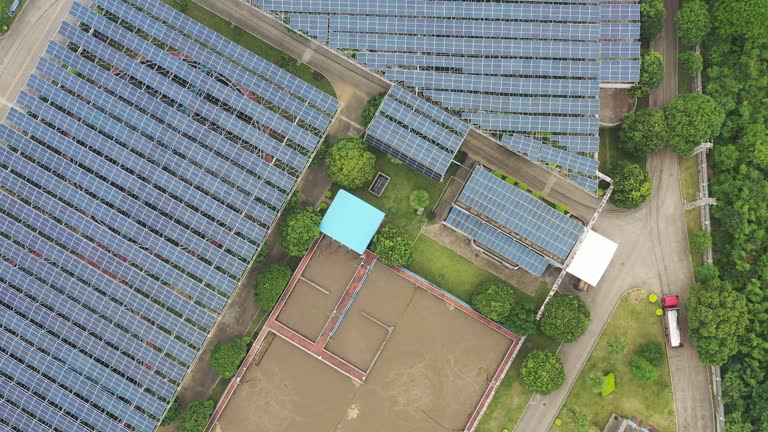 Aerial shot of sewage treatment plant and solar panels