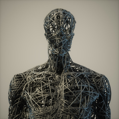 Deep Learning And Artificial Intelligence Concept With Wired Man Portrait. 3D Rendering