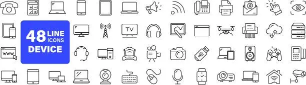 Vector illustration of Devices set of web icons in line style. Electronic devices and gadgets icons for web and mobile app. Smart devices, technology, computer monitor, smartphone, tablet, laptop, drone. Vector illustration