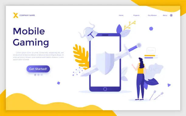 Vector illustration of Landing page template with gamer standing in front of phone with knight's sword, shield and helmet on screen. Concept of mobile gaming app for smartphones. Modern flat vector illustration for webpage.