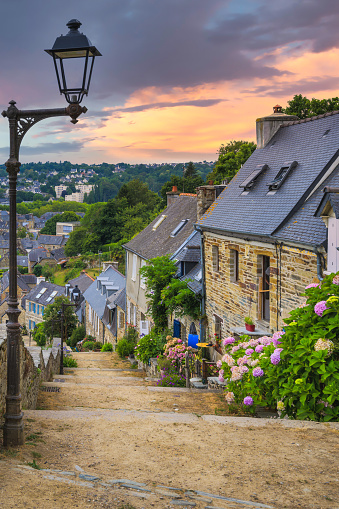 Medieval houses in the historical city center of Lannion, Brittany, France.