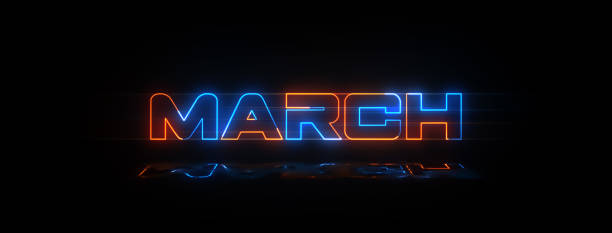 istock Futuristic Blue Orange March Lettering Neon Sign Horizontal Luminescence Banner With Light Reflections 1486247624