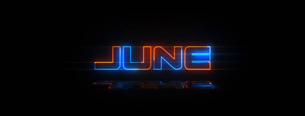 istock Futuristic Blue Orange June Lettering Neon Sign Horizontal Luminescence Banner With Light Reflections 1486247625