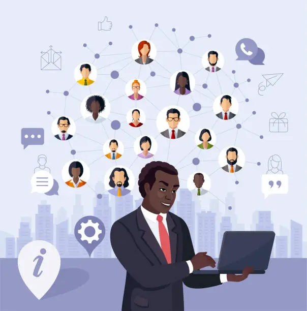 Vector illustration of African American Businessman working online. Social network concept. Connection on cloud technology network.