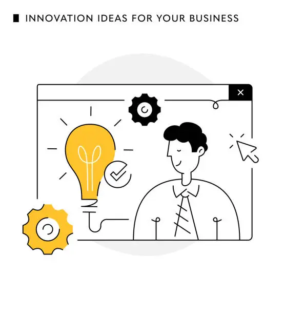 Vector illustration of Bringing Your Innovative Ideas to Light: Man with Gears and Light Bulb Illustration