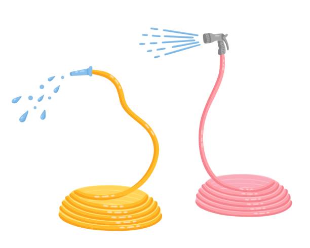 watering hose set garden hose, fire hose, watering hose. Vector Illustration for printing, backgrounds and packaging. Image can be used for greeting cards, posters, stickers and textile. Isolated on white background. water hose stock illustrations