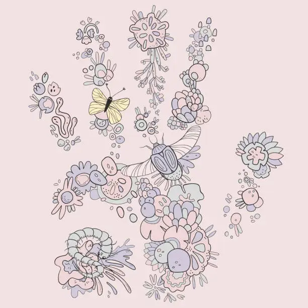 Vector illustration of Floral Hand print with Insects. Vector format