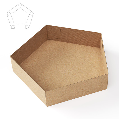 This is a 3D rendered illustration of a pentagon shape tray box