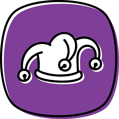 Vector illustration of a hand drawn jester hat against a purple background.