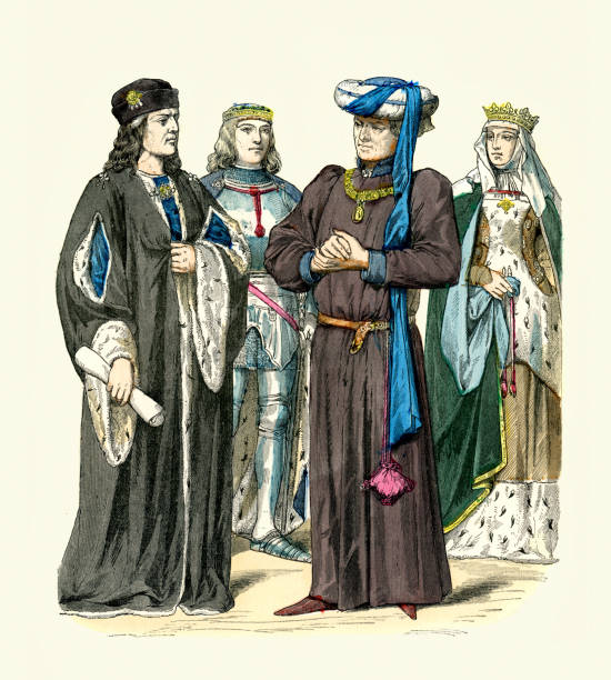 ilustraciones, imágenes clip art, dibujos animados e iconos de stock de moda medieval de finales del siglo 15 inglaterra, rey enrique vii, duque de suffolk, enrique vi, duquesa de suffolk, historia inglesa, 1470 - henry vi