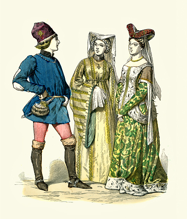 Vintage illustration, Medieval fashion of early 15th Century, English man and women, Gowns and headdress, History