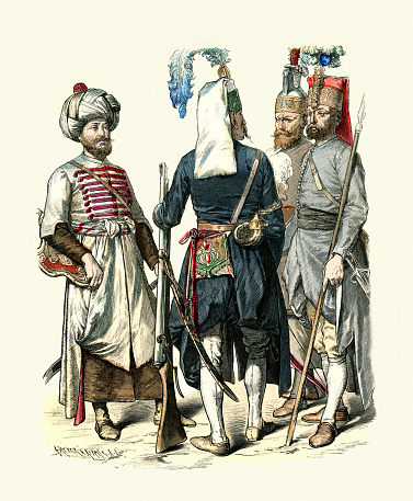 Vintage illustration, Soldiers of Ottoman Turkey 17th and 18th Century, Janissaries musketeer, Military History, Fashion. A Janissary was a member of the elite infantry units that formed the Ottoman Sultan's household troops