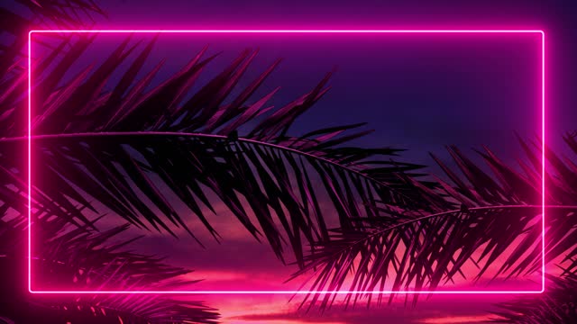 Neon glowing rectangle frame appears between two palm trees. 3D CGI animation. Empty space, ultraviolet light, 80's retro style. Chillout landscape with palm trees and sunset behind neon frame
