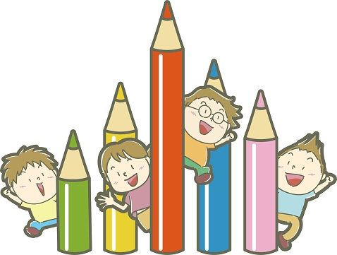 Children happily sticking their faces out of big colorful pencils / illustration material (vector illustration)