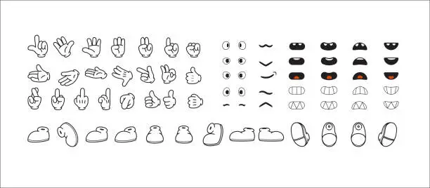 Vector illustration of Compilation of eyes, mouth, hand and shoes. Cartoon Character elements.