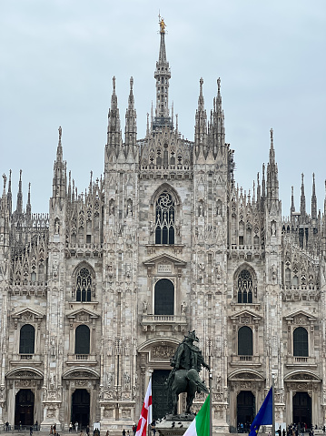 Equestrian statue of Victor Emmanuel in front of Milan Cathedral. Italy, Duomo Square. High quality photo