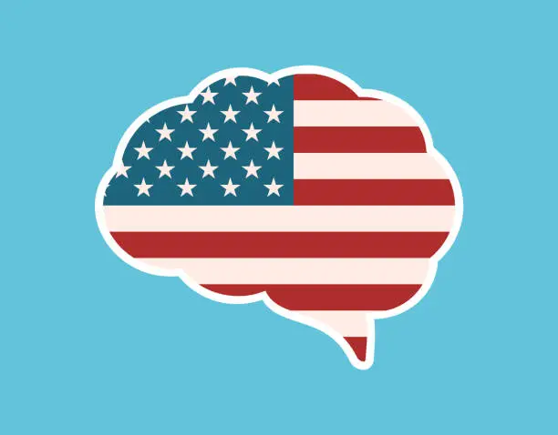 Vector illustration of Brain with American flag. USA way of thinking. Brain trust concept.